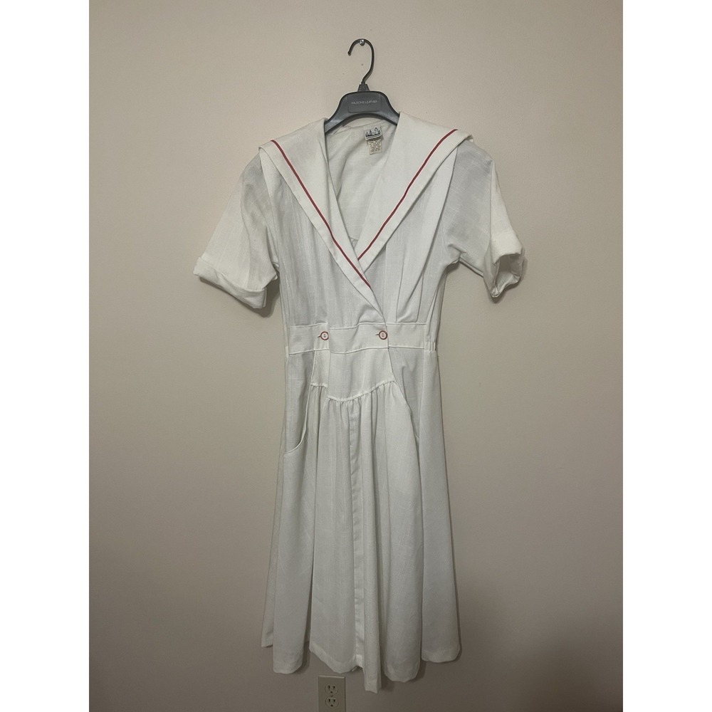 Vintage 70s USA Career Midi Dress Red Trim Button Fitted Waist Dresswear
